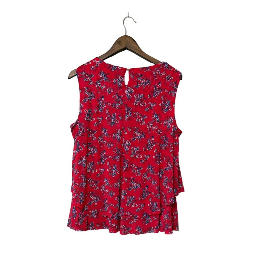 Sleeveless Red Floral sleevless Top Tiered Ruffle Hem Womens Large Lightweight - Picture 2 of 6